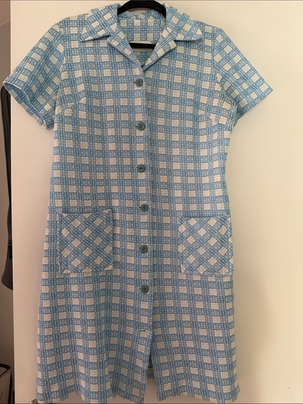 Vintage Blue & White Plaid Button-Up Shift Dress /House Dress